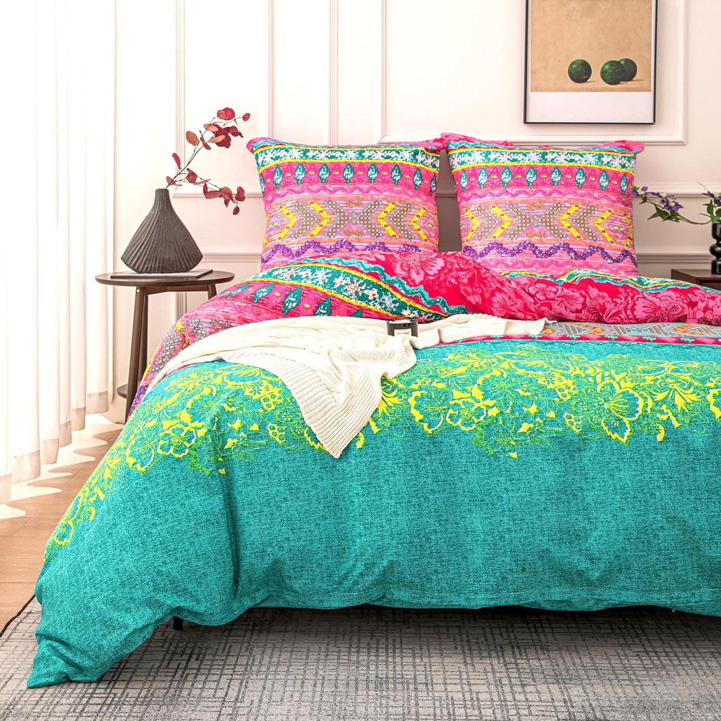 Boho Duvet Cover Set Colorful Ethnic Floral Pattern, Soft and Skin Friendly Bedding Set