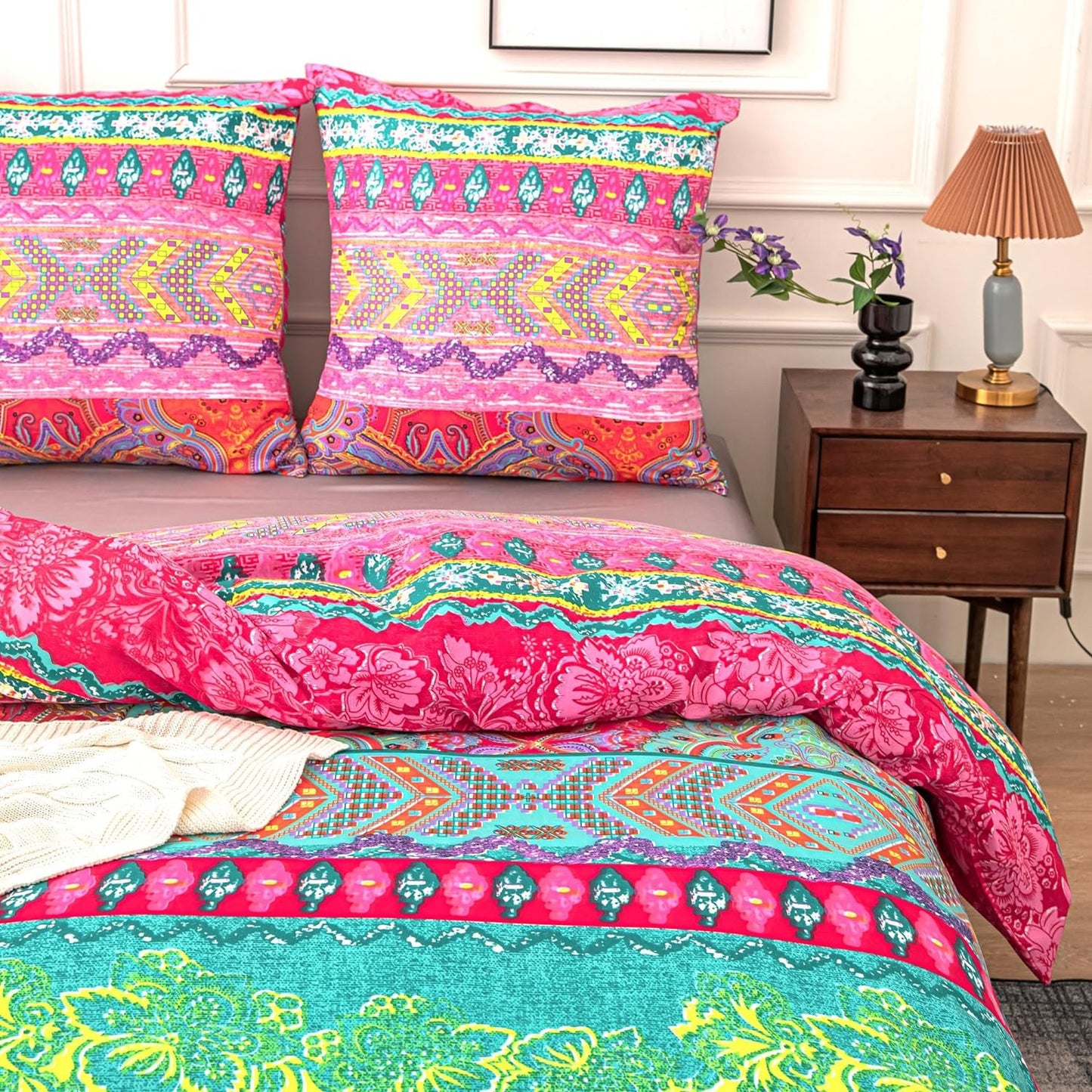 Boho Duvet Cover Set Colorful Ethnic Floral Pattern, Soft and Skin Friendly Bedding Set