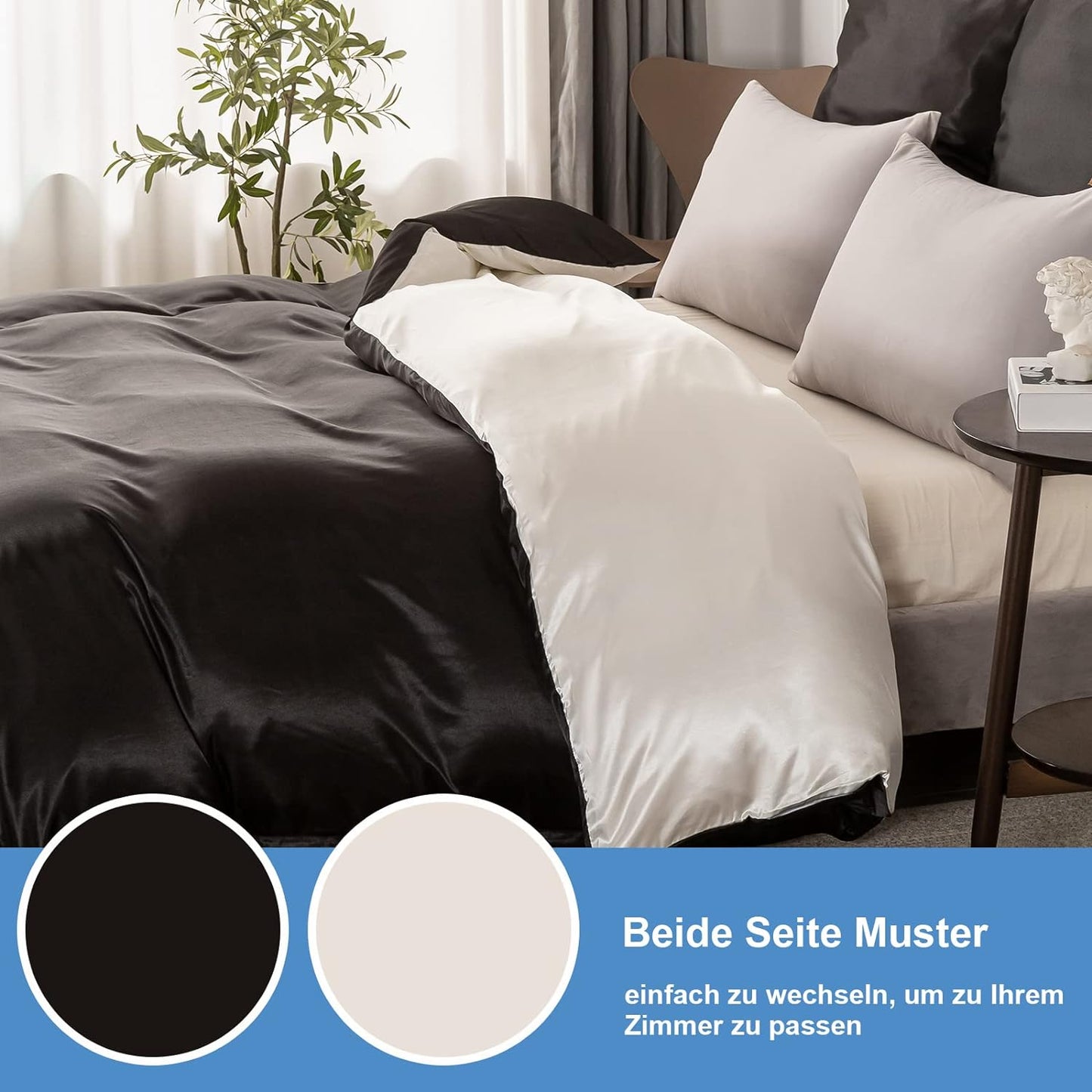 Comforter Set Double-Sided, Satin-Soft and Skin-Friendly Duvet Cover Set with Zip and Corner Ties