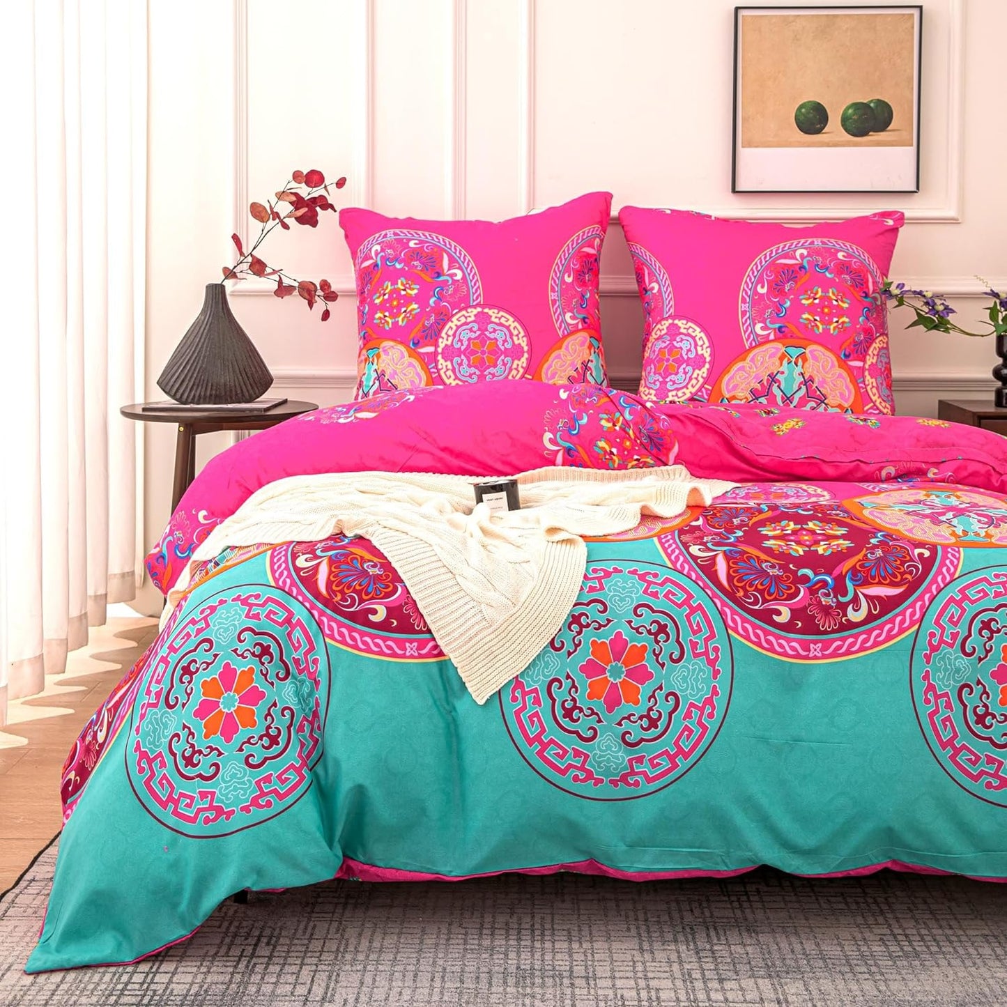 Boho Duvet Cover Set Colorful Ethnic Floral Pattern