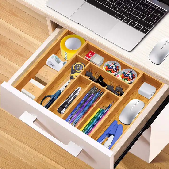 Expandable Bamboo Drawer Organizer Trays Adjustable Multi functional Storage Organizer Bamboo Box