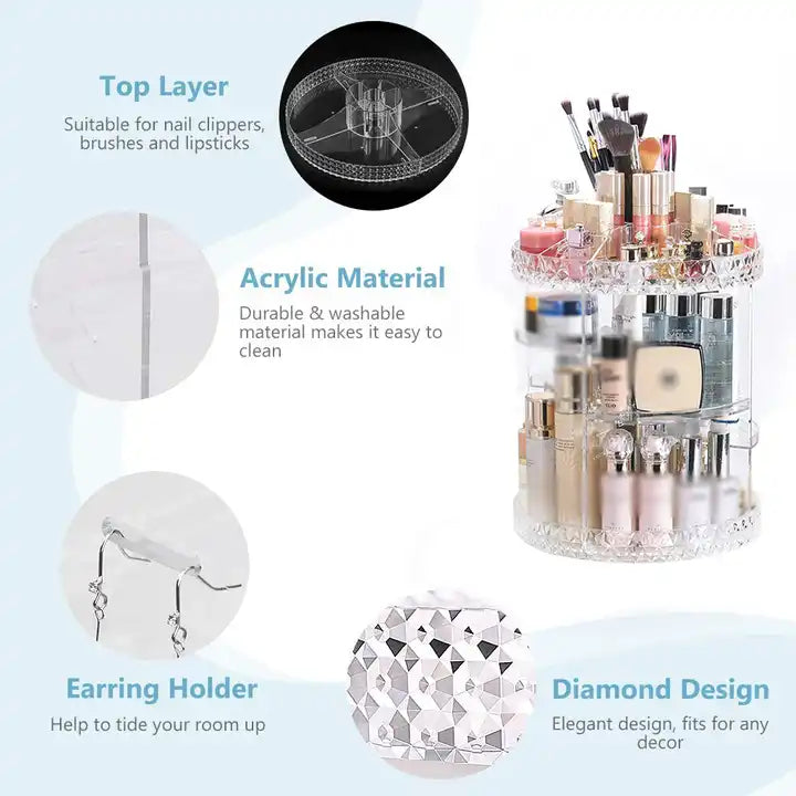 Makeup Organizer Adjustable Multi-Function Acrylic Beauty Cosmetic Storage 360 Rotating Makeup Organizer