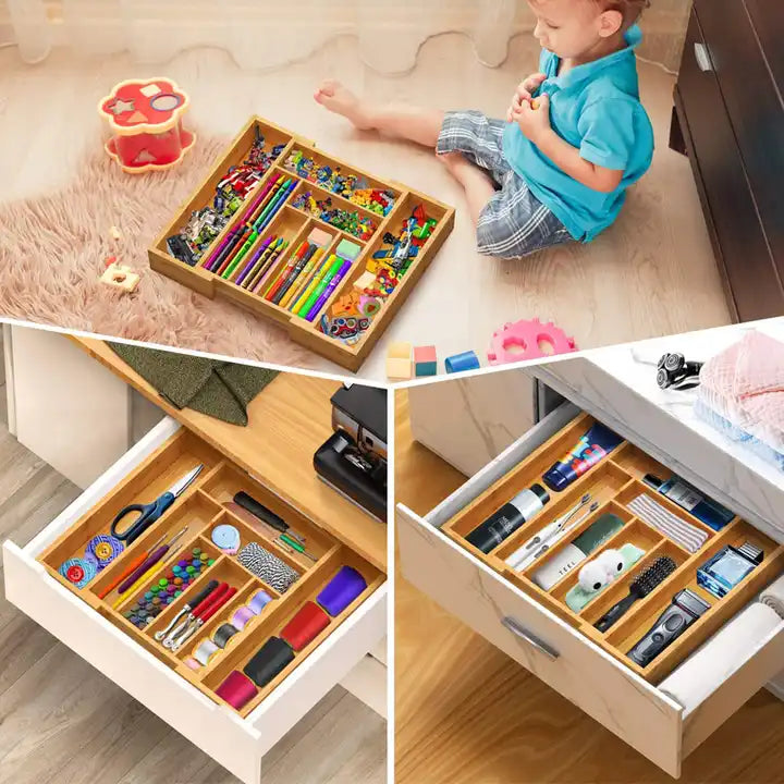 Expandable Bamboo Drawer Organizer Trays Adjustable Multi functional Storage Organizer Bamboo Box